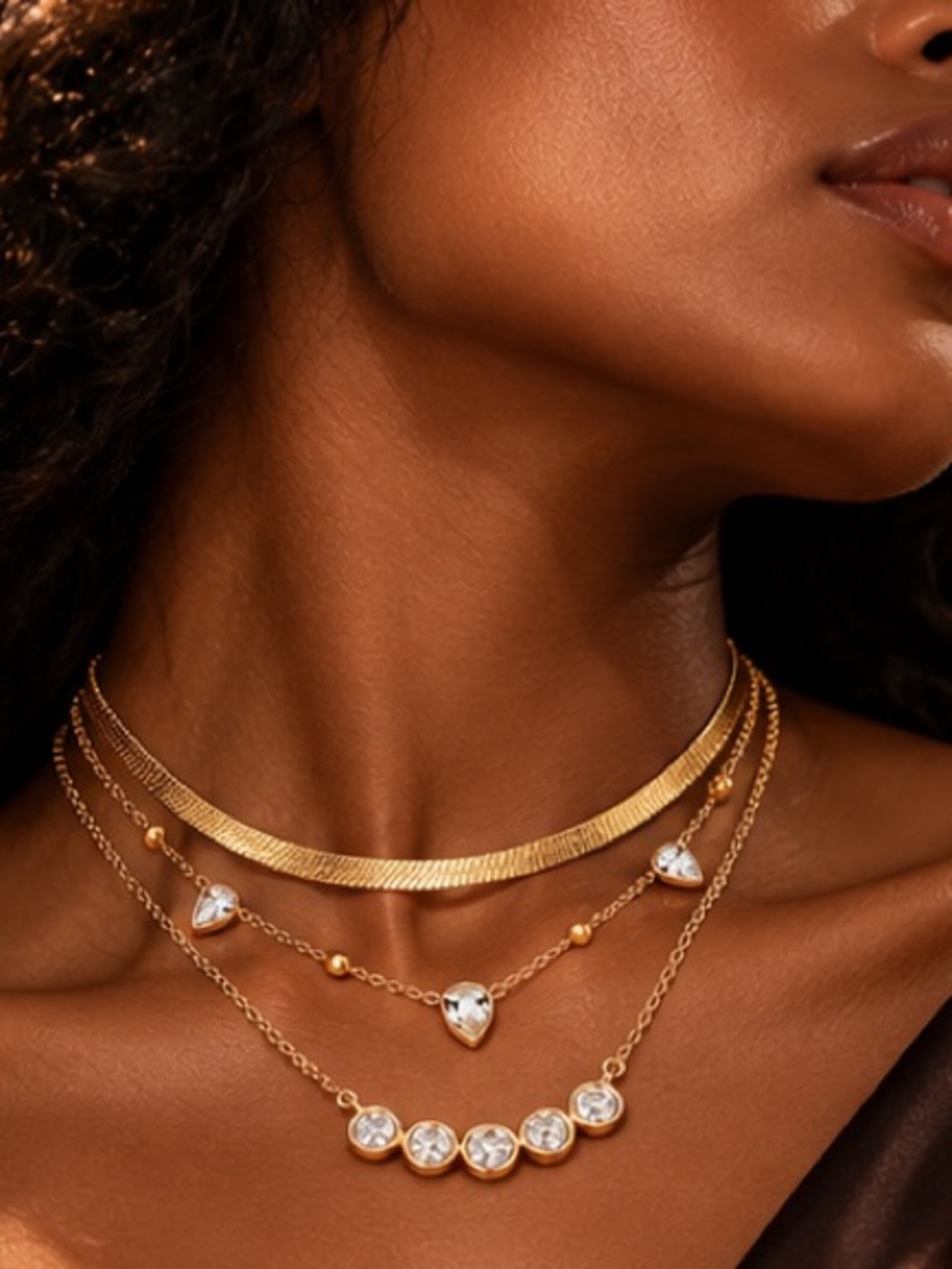 Chic Gold Herringbone Choker and Cubic Zirconia Necklace Set